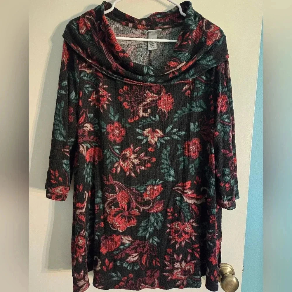 Catherines Black Floral Print Ribbed Sweater Size 1X